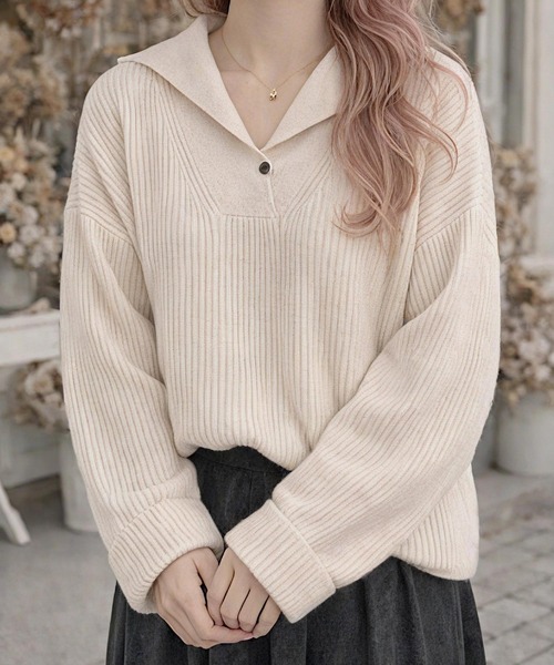 cammie(キャミー)の「セーラーカラー風リブニット(ニット/セーター・レディース・アイボリー/ダークアッシュ・F)」の1枚目の写真
