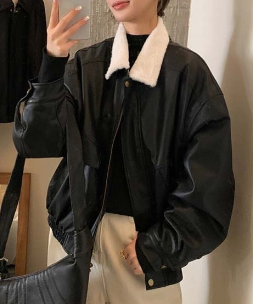 FREE STYLISTS(フリー スタイリスト)の「YUGA_YGMC Lapel fleece-lined leather jacket(ブルゾン・レディース・ブラック/ブラウン・FREE)」の1枚目の写真