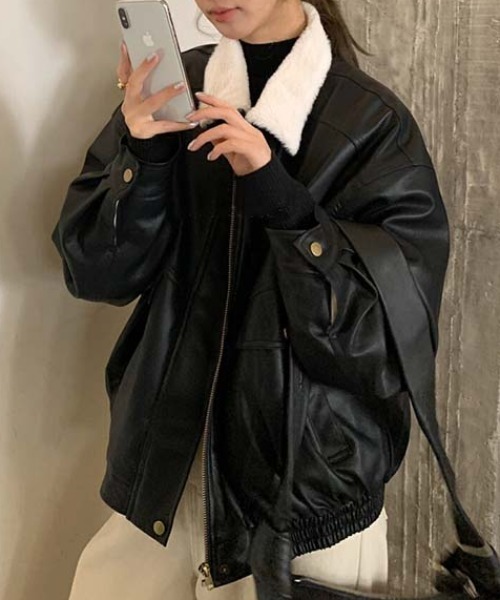 FREE STYLISTS(フリー スタイリスト)の「YUGA_YGMC Lapel fleece-lined leather jacket(ブルゾン・レディース・ブラック/ブラウン・FREE)」の16枚目の写真