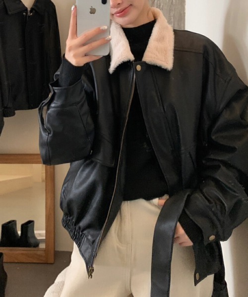 FREE STYLISTS(フリー スタイリスト)の「YUGA_YGMC Lapel fleece-lined leather jacket(ブルゾン・レディース・ブラック/ブラウン・FREE)」の15枚目の写真