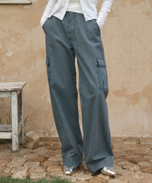 Stripe washed cargo denim pants Blue