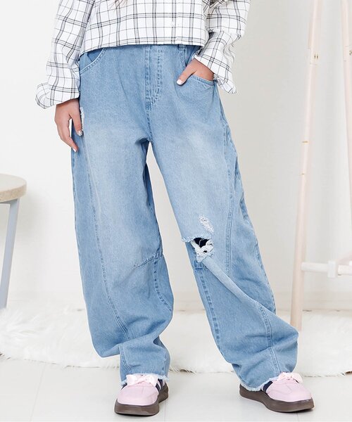 algy（アルジー）の「デニムカーブパンツ（デニムパンツ・キッズ・サックスブルー/グレー・160/150/140/130）」の2枚目の写真