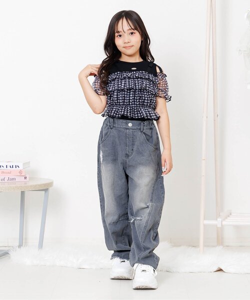 algy（アルジー）の「デニムカーブパンツ（デニムパンツ・キッズ・サックスブルー/グレー・160/150/140/130）」の3枚目の写真