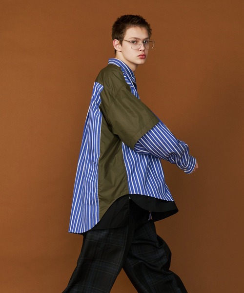 セール】【UNISEX】FAKE BLOCKING OVER SHIRTS/フェイクブロッキング
