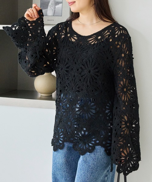 LAVEANGE（ラビアンジェ）の「クロシェニットプルオーバー（ニット/セーター・レディース・ブラック/アイボリー・F）」の6枚目の写真