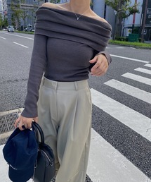 gather turnup off shoulder knit / ギャザーターンアップオフショルダーニット