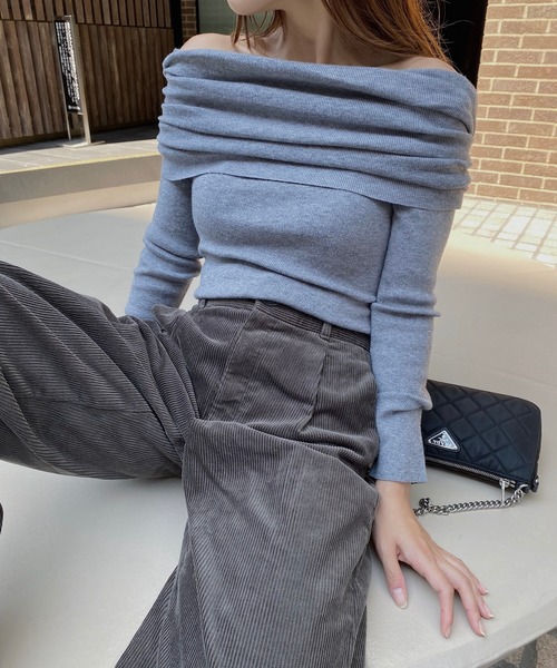 nananamoe(ナナナモエ)の「gather turnup off shoulder knit / ギャザーターンアップオフショルダーニット(ニット/セーター・レディース・チャコールグレー/グレー/アイボリー・FREE)」の12枚目の写真