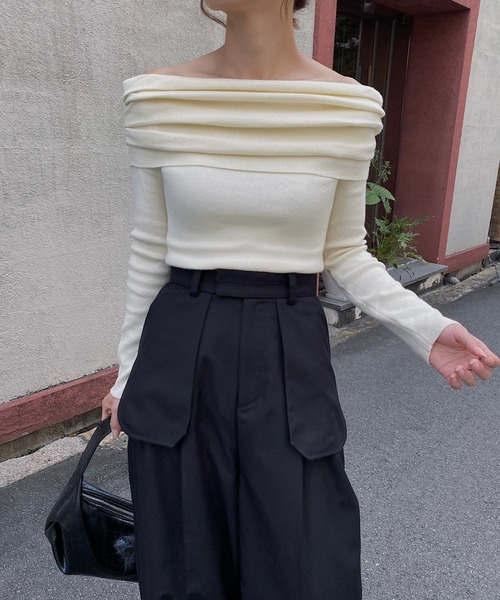 nananamoe(ナナナモエ)の「gather turnup off shoulder knit / ギャザーターンアップオフショルダーニット(ニット/セーター・レディース・チャコールグレー/グレー/アイボリー・FREE)」の15枚目の写真