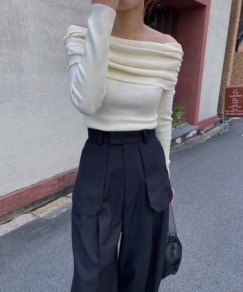 nananamoe(ナナナモエ)の「gather turnup off shoulder knit / ギャザーターンアップオフショルダーニット(ニット/セーター・レディース・チャコールグレー/グレー/アイボリー・FREE)」の16枚目の写真