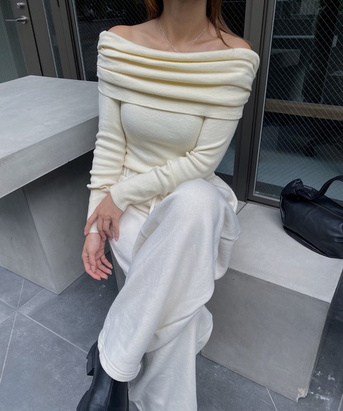nananamoe(ナナナモエ)の「gather turnup off shoulder knit / ギャザーターンアップオフショルダーニット(ニット/セーター・レディース・チャコールグレー/グレー/アイボリー・FREE)」の19枚目の写真