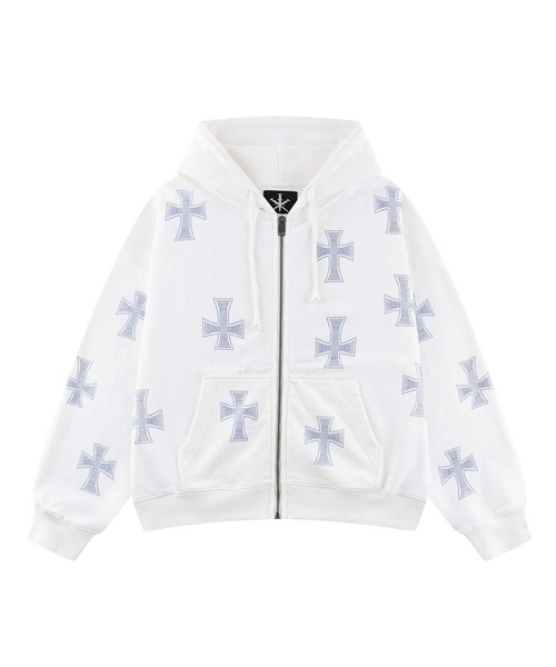 UNKNOWN LONDON パーカー 白 ジップフーディ｜White x Blue Allover Cross Rhinestone Zip Hoodie