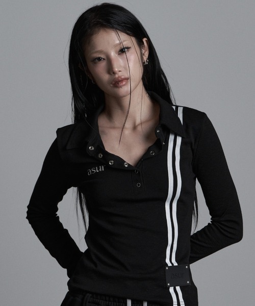 as you are(アズユーアー)の「◇ASYOUARE◇サイド ライン カラー ロング スリーブ SIDE LINE COLLAR LONG SLEEVE(ポロシャツ・レディース・ブラック/チャコール/ホワイト・FREE)」の3枚目の写真