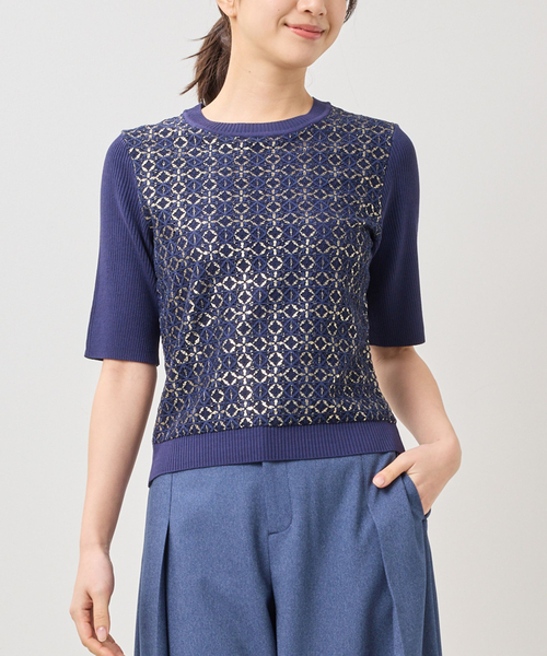 NARACAMICIE（ナラカミーチェ）の「【NARACAMICIE】レースドッキングニットプルオーバー（ニット/セーター・レディース・ブルー/ホワイト/ネイビー・M）」の2枚目の写真