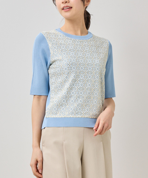 NARACAMICIE（ナラカミーチェ）の「【NARACAMICIE】レースドッキングニットプルオーバー（ニット/セーター・レディース・ブルー/ホワイト/ネイビー・M）」の3枚目の写真