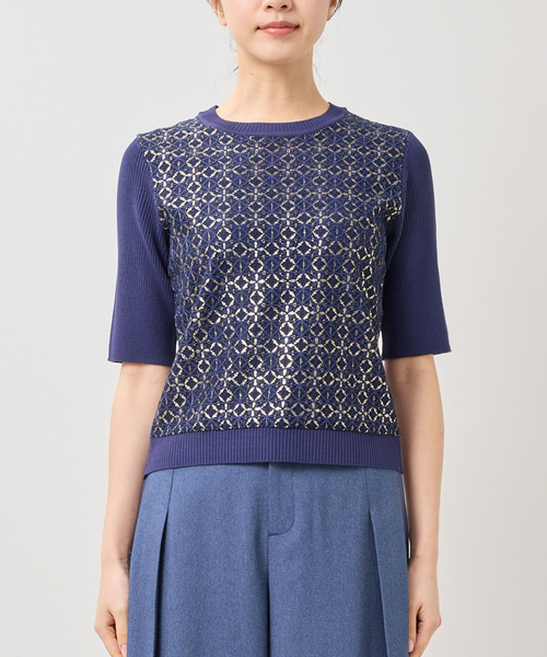 NARACAMICIE（ナラカミーチェ）の「【NARACAMICIE】レースドッキングニットプルオーバー（ニット/セーター・レディース・ブルー/ホワイト/ネイビー・M）」の4枚目の写真