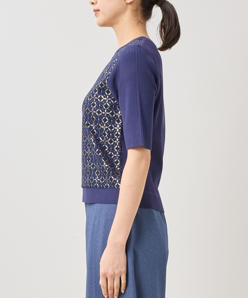 NARACAMICIE（ナラカミーチェ）の「【NARACAMICIE】レースドッキングニットプルオーバー（ニット/セーター・レディース・ブルー/ホワイト/ネイビー・M）」の5枚目の写真