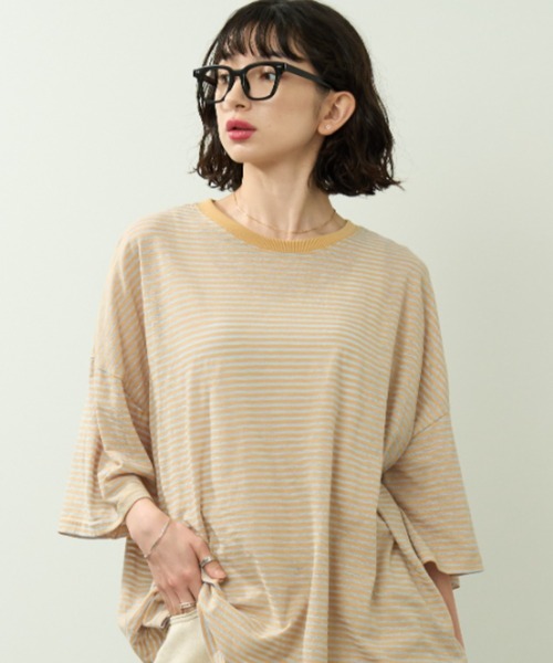 A.D.C.L.(エーディーシーエル)の「シアーボーダー オーバーサイズ 半袖Tシャツ(Tシャツ/カットソー・レディース・オレンジ/イエロー・M/L)」の1枚目の写真