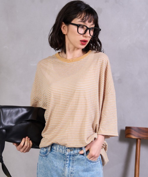A.D.C.L.(エーディーシーエル)の「シアーボーダー オーバーサイズ 半袖Tシャツ(Tシャツ/カットソー・レディース・オレンジ/イエロー・M/L)」の6枚目の写真