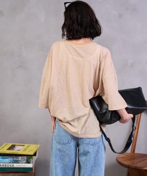 A.D.C.L.(エーディーシーエル)の「シアーボーダー オーバーサイズ 半袖Tシャツ(Tシャツ/カットソー・レディース・オレンジ/イエロー・M/L)」の7枚目の写真