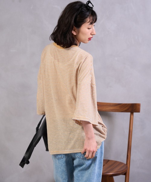 A.D.C.L.(エーディーシーエル)の「シアーボーダー オーバーサイズ 半袖Tシャツ(Tシャツ/カットソー・レディース・オレンジ/イエロー・M/L)」の8枚目の写真