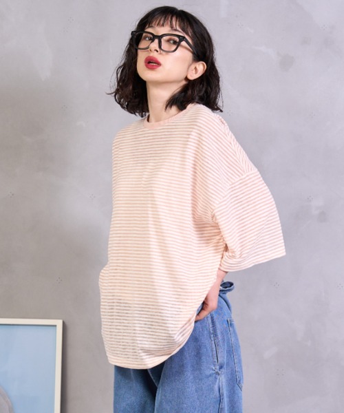 A.D.C.L.(エーディーシーエル)の「シアーボーダー オーバーサイズ 半袖Tシャツ(Tシャツ/カットソー・レディース・オレンジ/イエロー・M/L)」の9枚目の写真
