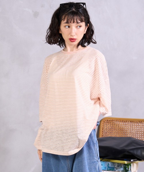 A.D.C.L.(エーディーシーエル)の「シアーボーダー オーバーサイズ 半袖Tシャツ(Tシャツ/カットソー・レディース・オレンジ/イエロー・M/L)」の10枚目の写真