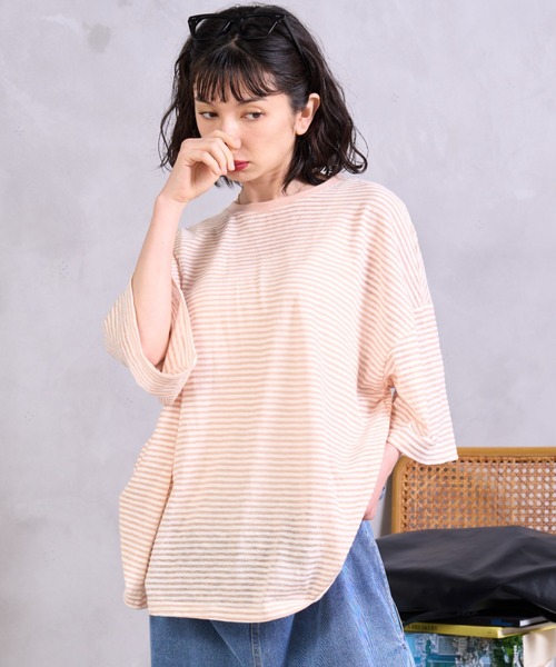A.D.C.L.(エーディーシーエル)の「シアーボーダー オーバーサイズ 半袖Tシャツ(Tシャツ/カットソー・レディース・オレンジ/イエロー・M/L)」の11枚目の写真