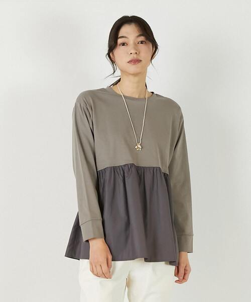 MELROSE claire(メルローズ クレール)の「【コットン天竺+ファブリックプルオーバー】(Tシャツ/カットソー・レディース・オフホワイト/ブラウン系その他/ブラック・FREE)」の3枚目の写真