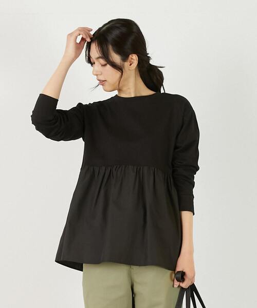 MELROSE claire(メルローズ クレール)の「【コットン天竺+ファブリックプルオーバー】(Tシャツ/カットソー・レディース・オフホワイト/ブラウン系その他/ブラック・FREE)」の2枚目の写真