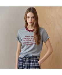 配色ラウンドネックメタルチップレタリング半袖Tシャツ