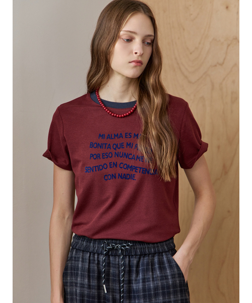 MAXZA(マージャコレクション)の「配色ラウンドネックメタルチップレタリング半袖Tシャツ(Tシャツ/カットソー・レディース・グレー/ワイン・FREE)」の7枚目の写真