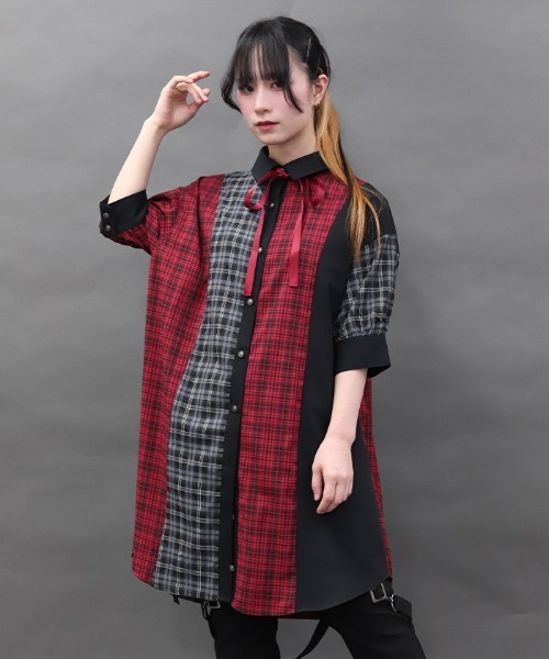 黒×ノバチェックパイピングカットソー シアーチェックパイピングワンピース[品番：MKSW0050954]｜dazzlin