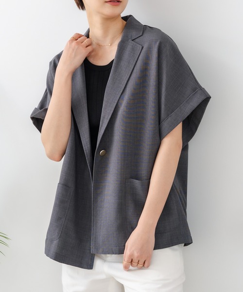 fort point(フォーポイント)の「【C-FORT POINT/フォートポイント】カーディガン感覚で羽織れる リネンタッチ 半袖 シングルテーラードジャケット きれいめ さらさら 涼感 冷房対策 オフィス 通勤(テーラードジャケット・レディース・チャコールグレー/ブラック/アイボリー・FREE)」の3枚目の写真