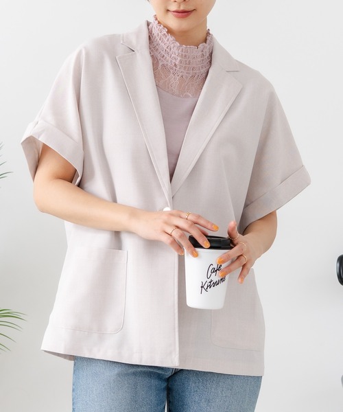 fort point(フォーポイント)の「【C-FORT POINT/フォートポイント】カーディガン感覚で羽織れる リネンタッチ 半袖 シングルテーラードジャケット きれいめ さらさら 涼感 冷房対策 オフィス 通勤(テーラードジャケット・レディース・チャコールグレー/ブラック/アイボリー・FREE)」の1枚目の写真