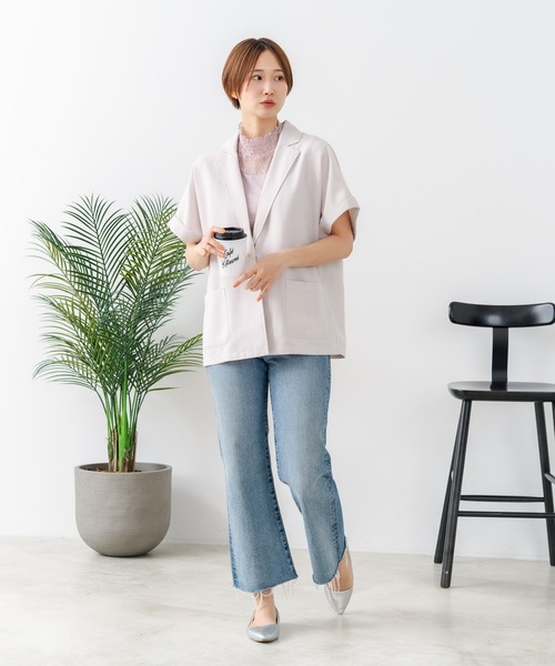 fort point(フォーポイント)の「【C-FORT POINT/フォートポイント】カーディガン感覚で羽織れる リネンタッチ 半袖 シングルテーラードジャケット きれいめ さらさら 涼感 冷房対策 オフィス 通勤(テーラードジャケット・レディース・チャコールグレー/ブラック/アイボリー・FREE)」の4枚目の写真