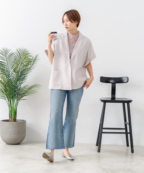 fort point(フォーポイント)の「【C-FORT POINT/フォートポイント】カーディガン感覚で羽織れる リネンタッチ 半袖 シングルテーラードジャケット きれいめ さらさら 涼感 冷房対策 オフィス 通勤(テーラードジャケット・レディース・チャコールグレー/ブラック/アイボリー・FREE)」の5枚目の写真