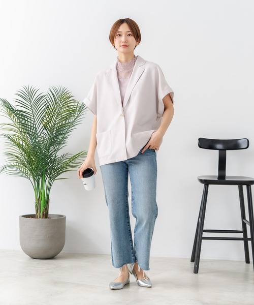 fort point(フォーポイント)の「【C-FORT POINT/フォートポイント】カーディガン感覚で羽織れる リネンタッチ 半袖 シングルテーラードジャケット きれいめ さらさら 涼感 冷房対策 オフィス 通勤(テーラードジャケット・レディース・チャコールグレー/ブラック/アイボリー・FREE)」の6枚目の写真