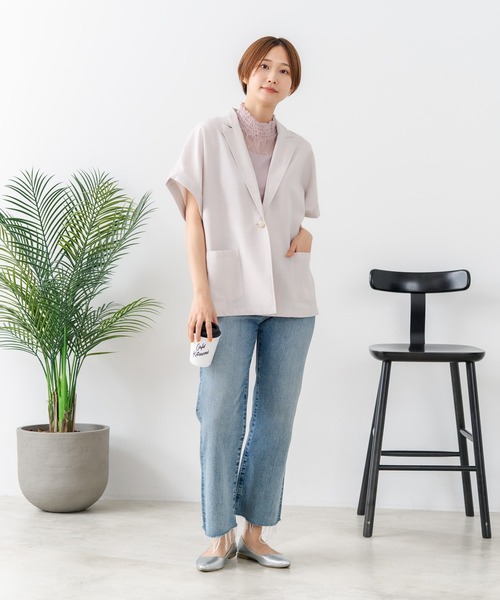 fort point(フォーポイント)の「【C-FORT POINT/フォートポイント】カーディガン感覚で羽織れる リネンタッチ 半袖 シングルテーラードジャケット きれいめ さらさら 涼感 冷房対策 オフィス 通勤(テーラードジャケット・レディース・チャコールグレー/ブラック/アイボリー・FREE)」の7枚目の写真