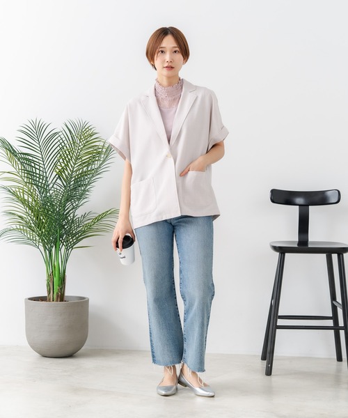 fort point(フォーポイント)の「【C-FORT POINT/フォートポイント】カーディガン感覚で羽織れる リネンタッチ 半袖 シングルテーラードジャケット きれいめ さらさら 涼感 冷房対策 オフィス 通勤(テーラードジャケット・レディース・チャコールグレー/ブラック/アイボリー・FREE)」の8枚目の写真