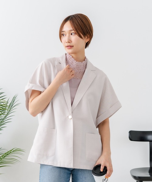fort point(フォーポイント)の「【C-FORT POINT/フォートポイント】カーディガン感覚で羽織れる リネンタッチ 半袖 シングルテーラードジャケット きれいめ さらさら 涼感 冷房対策 オフィス 通勤(テーラードジャケット・レディース・チャコールグレー/ブラック/アイボリー・FREE)」の9枚目の写真