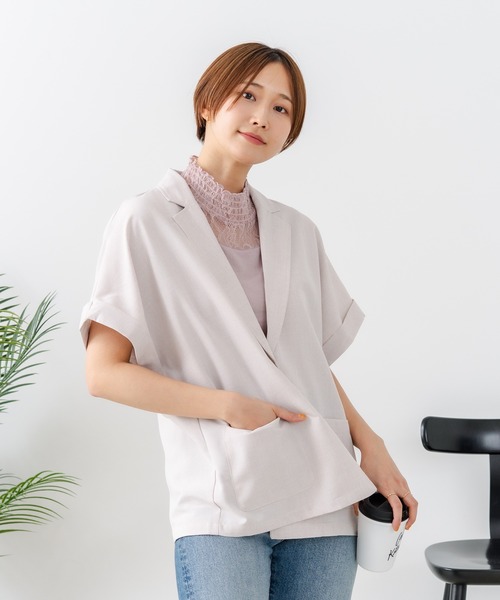 fort point(フォーポイント)の「【C-FORT POINT/フォートポイント】カーディガン感覚で羽織れる リネンタッチ 半袖 シングルテーラードジャケット きれいめ さらさら 涼感 冷房対策 オフィス 通勤(テーラードジャケット・レディース・チャコールグレー/ブラック/アイボリー・FREE)」の10枚目の写真