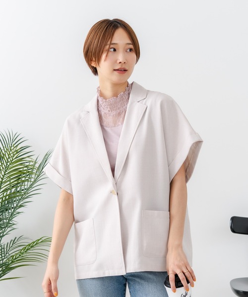 fort point(フォーポイント)の「【C-FORT POINT/フォートポイント】カーディガン感覚で羽織れる リネンタッチ 半袖 シングルテーラードジャケット きれいめ さらさら 涼感 冷房対策 オフィス 通勤(テーラードジャケット・レディース・チャコールグレー/ブラック/アイボリー・FREE)」の11枚目の写真