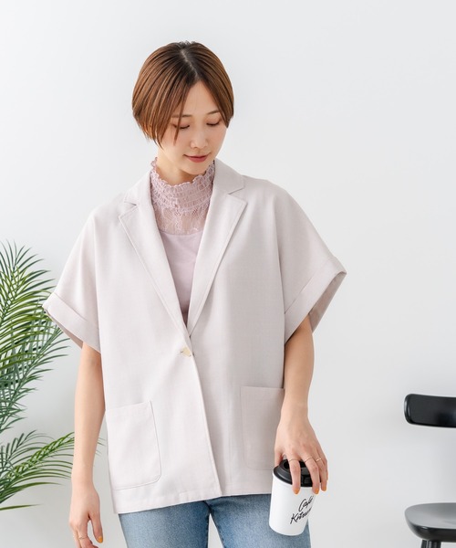 fort point(フォーポイント)の「【C-FORT POINT/フォートポイント】カーディガン感覚で羽織れる リネンタッチ 半袖 シングルテーラードジャケット きれいめ さらさら 涼感 冷房対策 オフィス 通勤(テーラードジャケット・レディース・チャコールグレー/ブラック/アイボリー・FREE)」の12枚目の写真