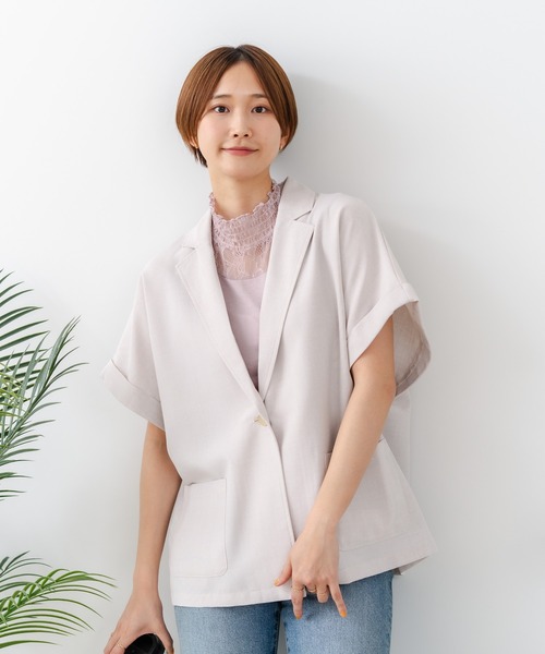 fort point(フォーポイント)の「【C-FORT POINT/フォートポイント】カーディガン感覚で羽織れる リネンタッチ 半袖 シングルテーラードジャケット きれいめ さらさら 涼感 冷房対策 オフィス 通勤(テーラードジャケット・レディース・チャコールグレー/ブラック/アイボリー・FREE)」の13枚目の写真