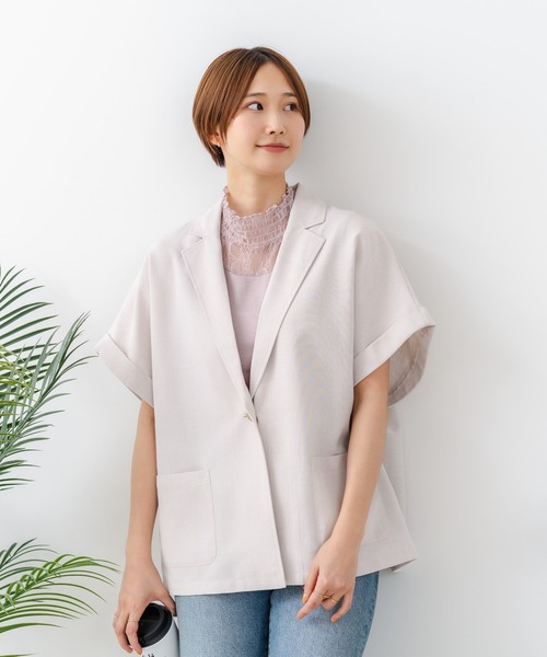 fort point(フォーポイント)の「【C-FORT POINT/フォートポイント】カーディガン感覚で羽織れる リネンタッチ 半袖 シングルテーラードジャケット きれいめ さらさら 涼感 冷房対策 オフィス 通勤(テーラードジャケット・レディース・チャコールグレー/ブラック/アイボリー・FREE)」の14枚目の写真