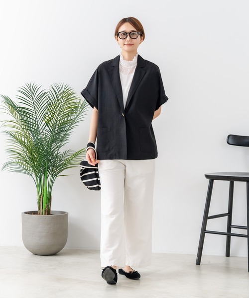 fort point(フォーポイント)の「【C-FORT POINT/フォートポイント】カーディガン感覚で羽織れる リネンタッチ 半袖 シングルテーラードジャケット きれいめ さらさら 涼感 冷房対策 オフィス 通勤(テーラードジャケット・レディース・チャコールグレー/ブラック/アイボリー・FREE)」の19枚目の写真