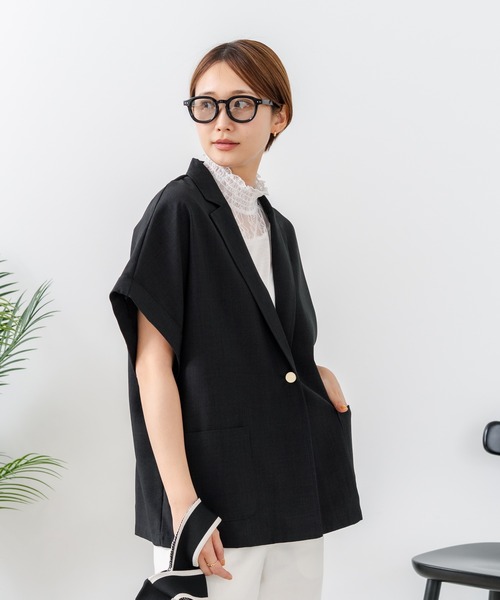 fort point(フォーポイント)の「【C-FORT POINT/フォートポイント】カーディガン感覚で羽織れる リネンタッチ 半袖 シングルテーラードジャケット きれいめ さらさら 涼感 冷房対策 オフィス 通勤(テーラードジャケット・レディース・チャコールグレー/ブラック/アイボリー・FREE)」の22枚目の写真