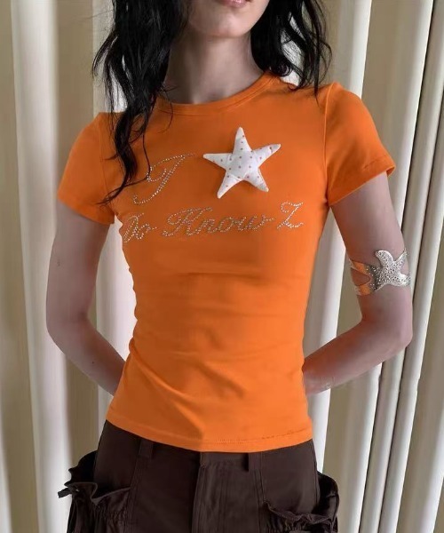 Achic(アシック)の「ラインストーンロゴ&スターアクセントTシャツ(Tシャツ/カットソー・レディース・ホワイト/オレンジ・M)」の6枚目の写真