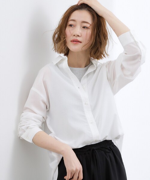grove(グローブ)の「【洗濯機OK・ひんやり】朝晩の気温差に◎軽やかシアーシャツ(シャツ/ブラウス・レディース・ブルー系その他/サックスブルー/オレンジ系/オフホワイト・02/03/04/01/05)」の2枚目の写真