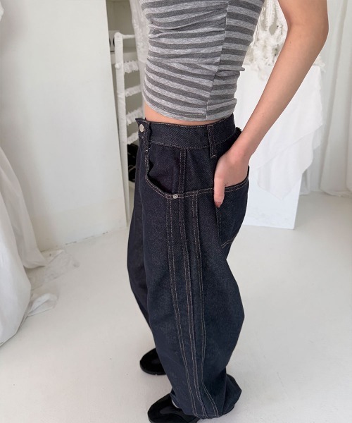 4INT.(フォイント)の「ノンフェード バックル ステッチ インディゴ ワイド デニム パンツ(デニムパンツ・レディース・ダークブルー・L/M/S)」の13枚目の写真